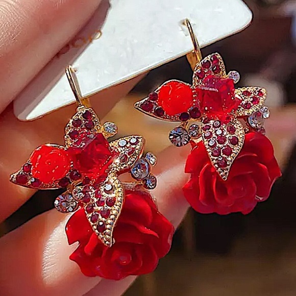 Rhinestone Rose Drop Flower Earrings - Picture 7 of 8